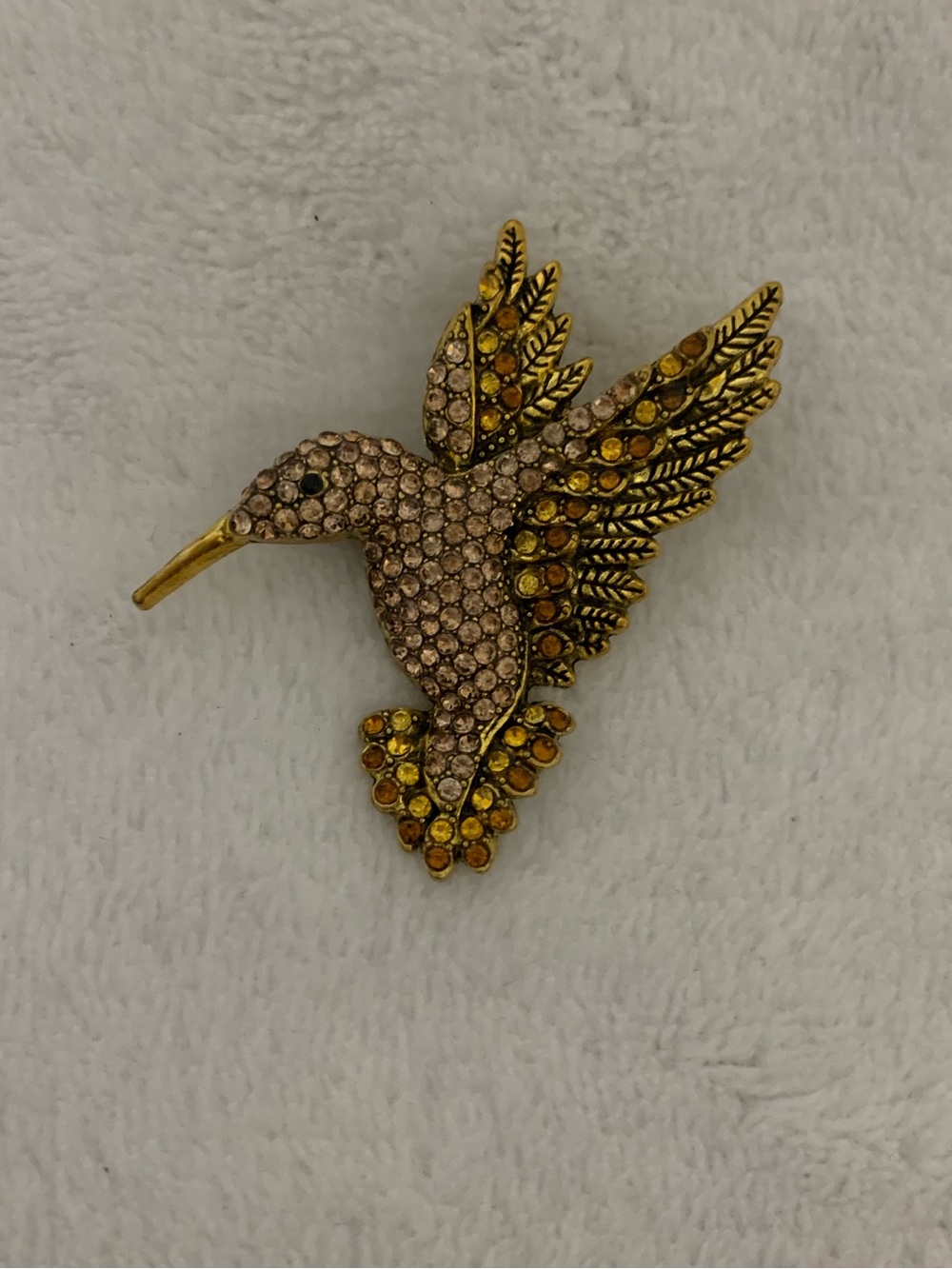 Gold Tone Hummingbird Crystal Brooch